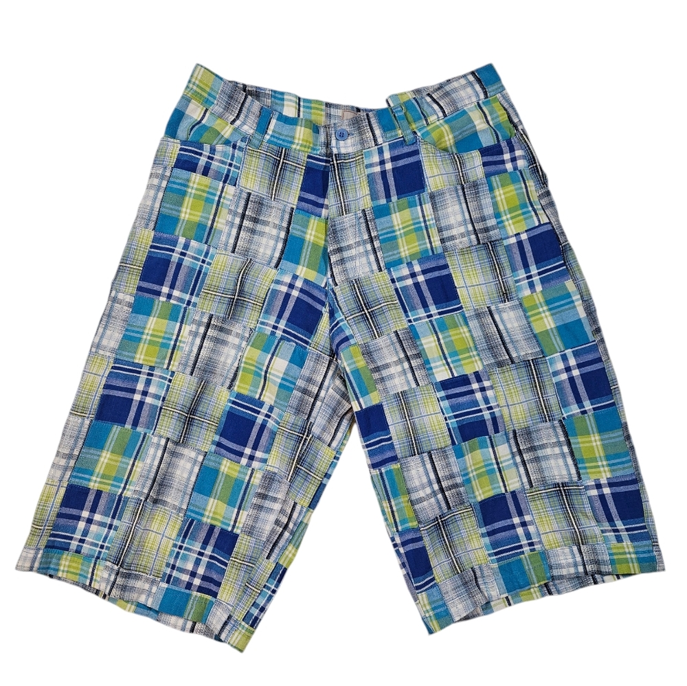Blue Plaid Madras Print Bermuda Shorts Size 36 ACTUAL 34 Cotton Blend Patchwork
